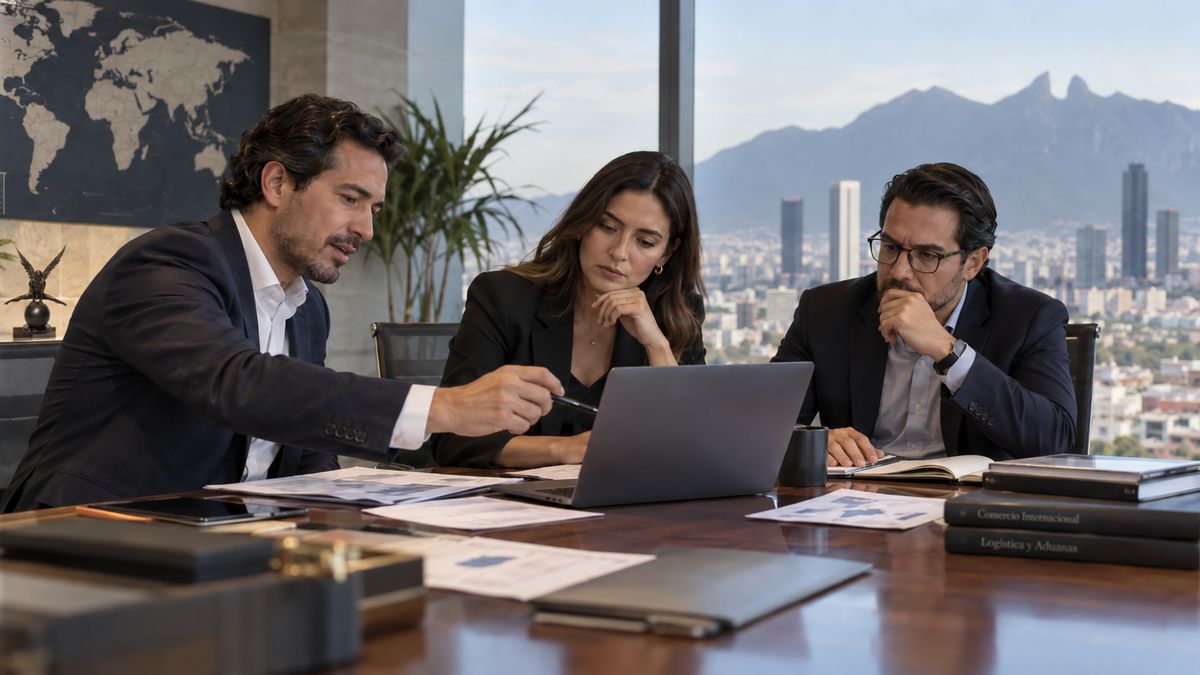 Tres profesionales revisando juntos una operación de importación en una sala de juntas con vista a la ciudad: laptop, documentos impresos, libros de comercio internacional y logística sobre la mesa.