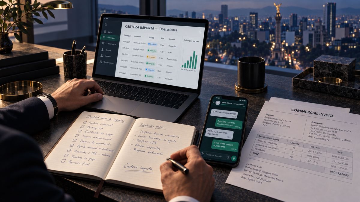 Escritorio ejecutivo con panel de operaciones de Certeza Importa en la laptop, cuaderno con checklist en español, teléfono con la conversación del agente aduanal y una factura comercial, con vista de la Ciudad de México.
